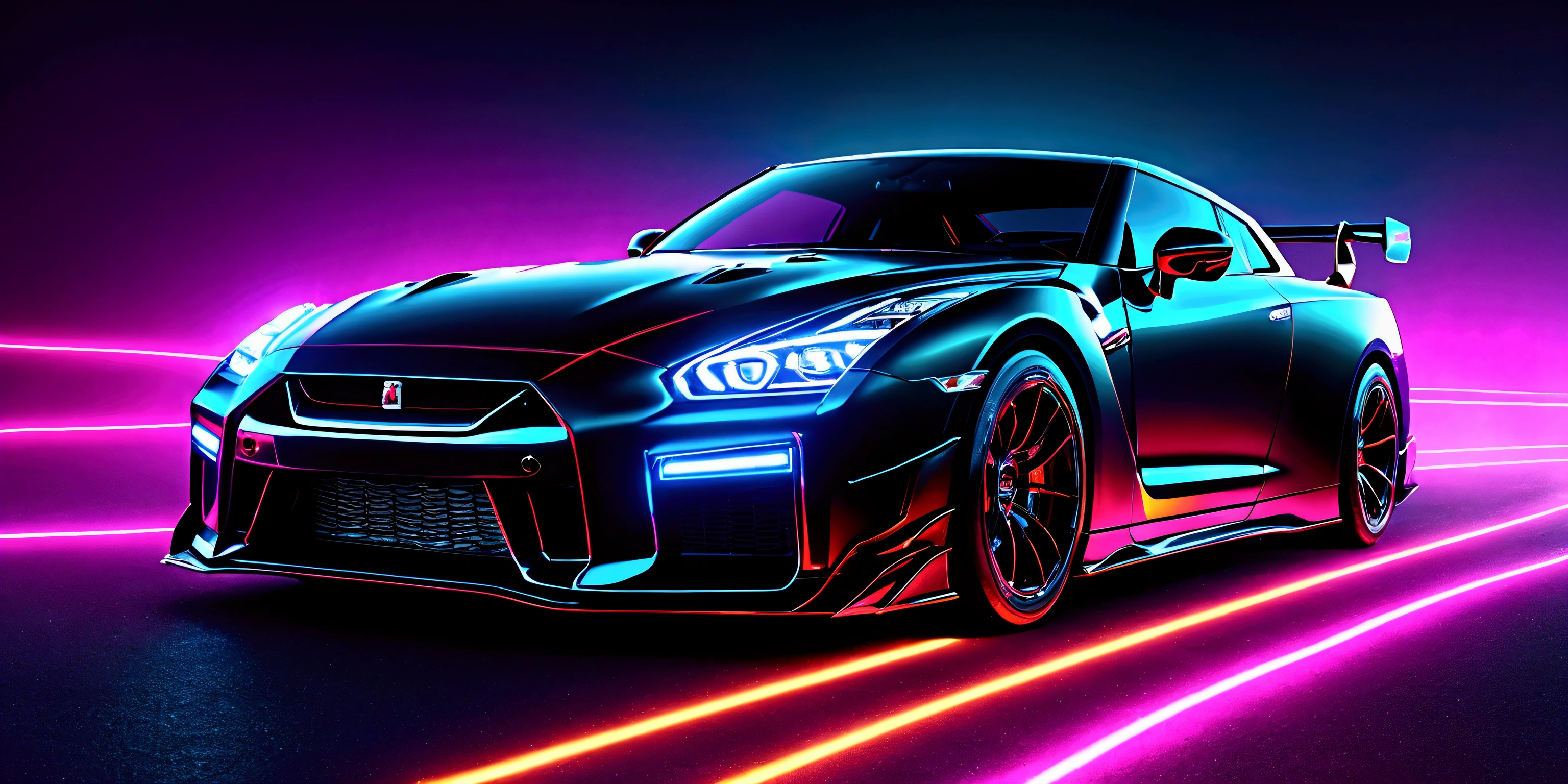 A photo realistic image of a Nissan GT-R Nismo 2023
, sharp, detailed car body ,ethereal art, detailed tires, fire scene, (masterpiece, best quality, ultra-detailed, 8K), race car, street racing-inspired, Drifting inspired, LED, ((Twin headlights)), (((Bright neon color racing stripes))), (Black racing wheels), Wheel spin showing motion, Show car in motion, Burnout, wide body kit, modified car, racing livery, masterpiece, best quality, realistic, ultra high res, (((depth of field))), (full dual color neon lights:1.2), (hard dual color lighting:1.4), (detailed background), (masterpiece:1.2), (ultra detailed), (best quality), intricate, comprehensive cinematic, magical photography, (gradients), glossy, Fast action style, fire out of tail pipes, Sideways drifting in to a turns, Neon galaxy metalic paint with race stripes,