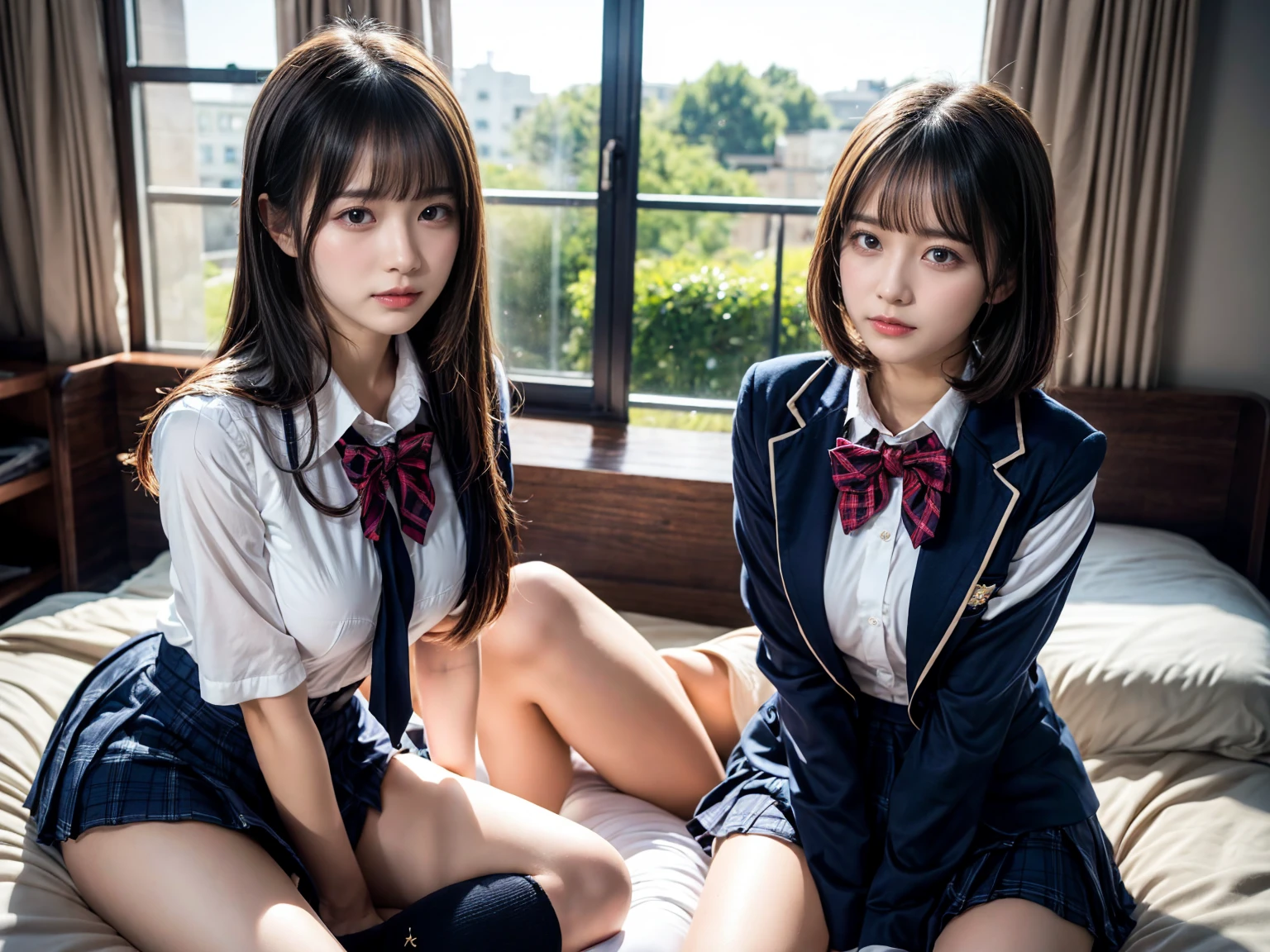 (8K, Raw photography, top-quality, masterpiece:1.2), master piece, best quality, illustration, Super detailed, fine details, High resolution, 8K,wall paper, perfect dynamic composition,(Details High quality, realistic depiction of eyes:1.3), ((2 girls, 2 schoolgirls)), The background is a luxury hotel room、High school girl uniform、blazer 、Super Short Check Uniform Skirt、Navy blue high socks、garterbelts、Colossal tits、Disturbed uniform, Play with each other,Touching each other's bodies,Touching the body of the girl next door, short bob hair, black hair color, huge breasts, Big Natural Color Lip, bold sexy pose, (perfect body shape), crying a little、cold gaze, Beautiful makeup,glitter makeup,Cutest 18 years old, beautiful legs, hposing Gravure Idol, Voluptuous thighs