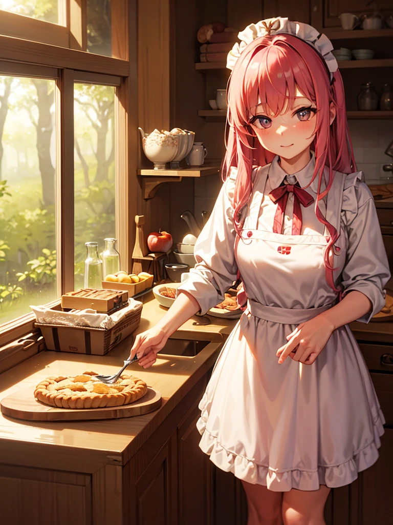 Best of the best, high resolution, best quality, making apple pie in a house in the forest, fantasy house in the forest, beautiful girl with long pink hair wearing an apron making apple pie in the kitchen, fantasy world, country style house