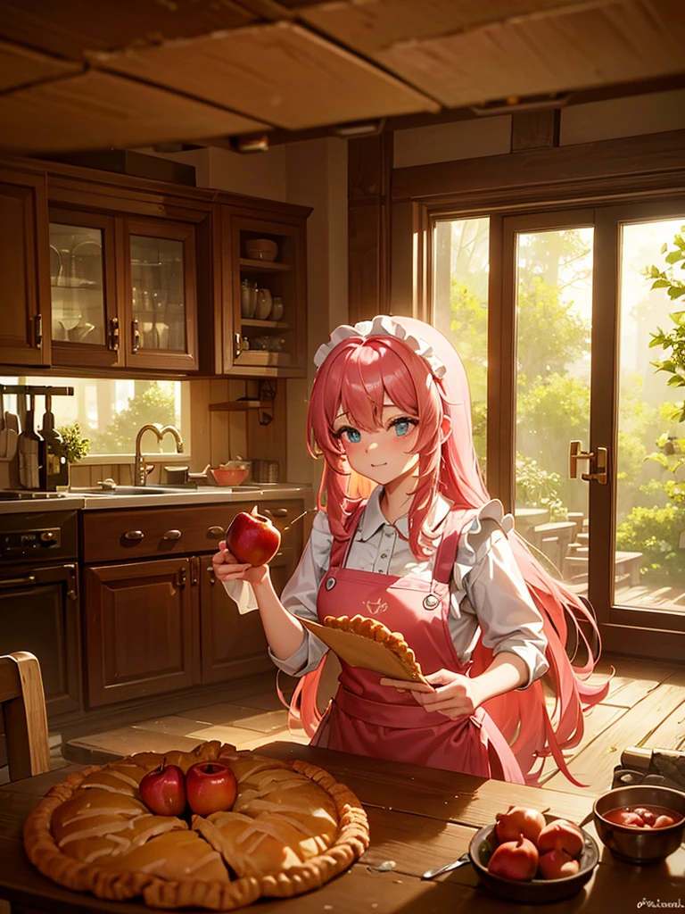 Best of the best, high resolution, best quality, making apple pie in a house in the forest, fantasy house in the forest, beautiful girl with long pink hair wearing an apron making apple pie in the kitchen, fantasy world, country style house 