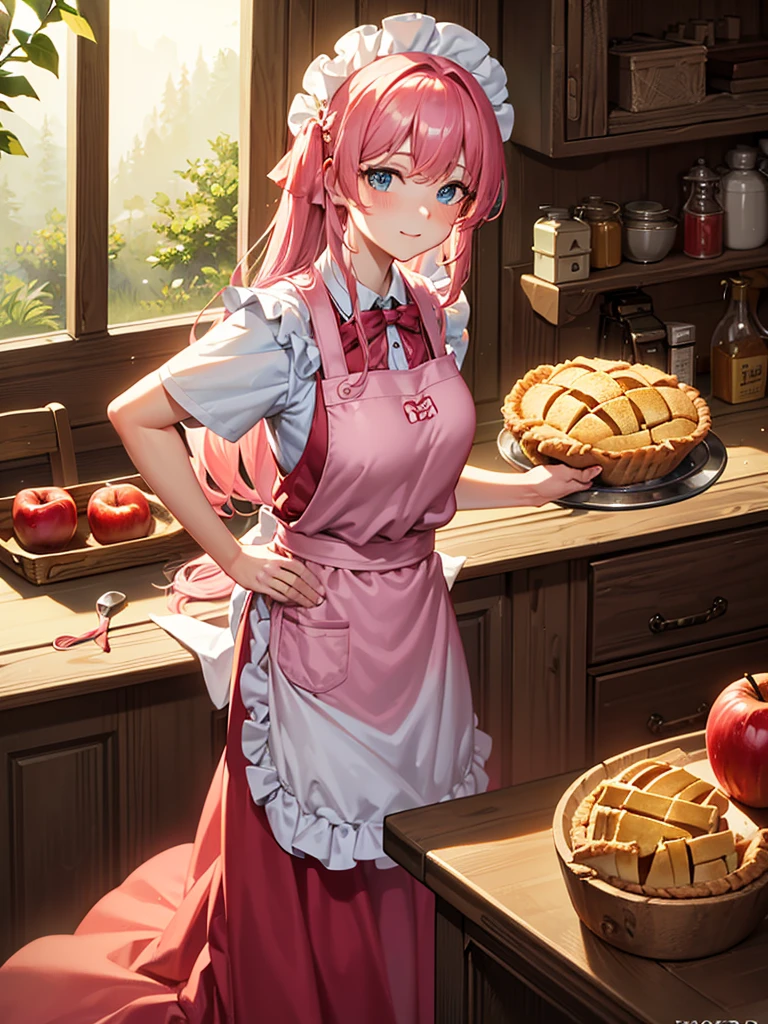 Best of the best, high resolution, best quality, making apple pie in a house in the forest, fantasy house in the forest, beautiful girl with long pink hair wearing an apron making apple pie in the kitchen, fantasy world, country style house