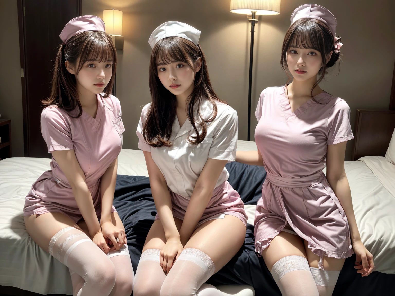 masterpiece, best quality, illustration, Super detailed, fine details, High resolution, 8K,wall paper, perfect dynamic composition,(Details High quality, realistic depiction of eyes:1.3), (3 girls), ((nurse cap, short sleeves, light pink nurse wear, ((white legwear, zettai ryouiki)))), sitting, open legs, short bob hair, in a hotel room in the background, deep on field, large breasts, black hair color, Big Natural Color Lip, (perfect body shape), crying a little、Harajuku style、20 year old girl、cute type、beautiful legs, Gravure Idol