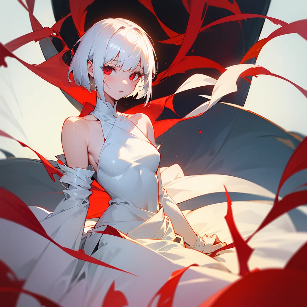 a girl with short white hair wolf cut shoulder-length, red eyes, wearing a thin white dress wrapped around her body by sunflower vines