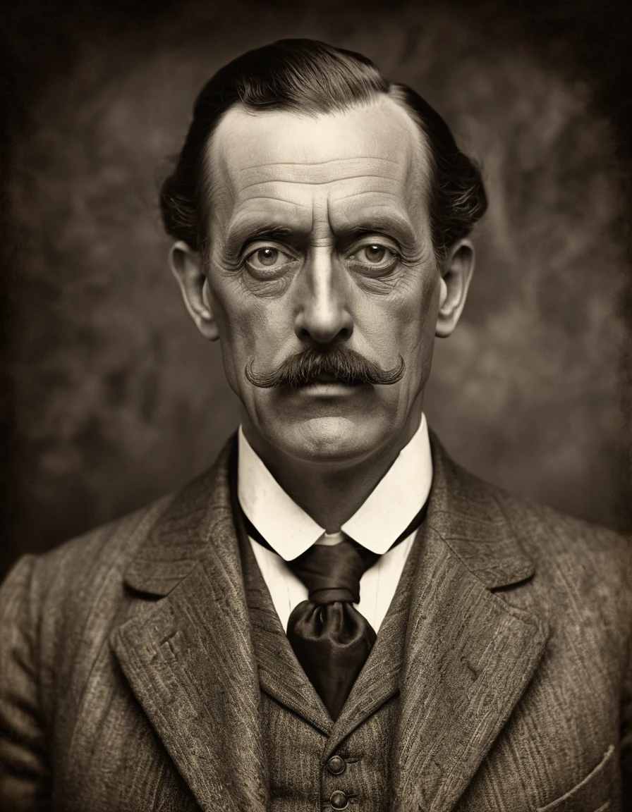 A highly detailed Victorian-style full-length portrait of a frightening businessman with exaggerated facial features, tom sepia, early 1900s style, photorrealistic, high resolution, 