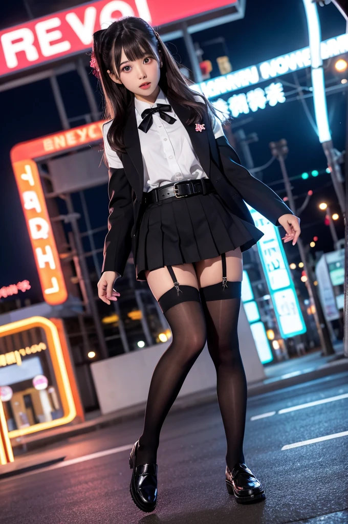 high angle shot、center view、A woman standing on a neon street at midnight、Phenomenally cute 、japanese girl uniform、summer clotheicrominiskirt、urreal 、loafers、She wears black tights that show a little bit of skin.、black tights、Japanese high school 、Nogizaka Idol、Plump thighs、Full body Esbian、garter belt、garter ring、leg garter