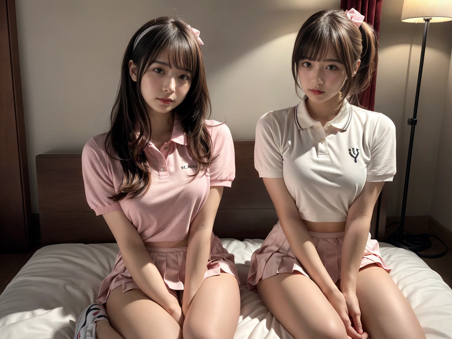 masterpiece, best quality, illustration, Super detailed, fine details, High resolution, 8K,wall paper, perfect dynamic composition,(Details High quality, realistic depiction of eyes:1.3), (2 girls), BREAK (white theme:1.4), (tucked-out short sleeve white polo shirt:1.4), (pink lines on tops outline:1.3), (pure white pleated mini skirt:1.3), (hem of top covers top half of skirt:1.3), (pink fluffy scrunchie on wrist:1.3), (white and pink sports shoes:1.2), sitting, open legs, short bob hair, in a hotel room in the background, deep on field, (large breasts:1.2), black hair color, Big Natural Color Lip, (perfect body shape), crying a little、Harajuku style、20 year old girl、cute type、beautiful legs, Gravure Idol