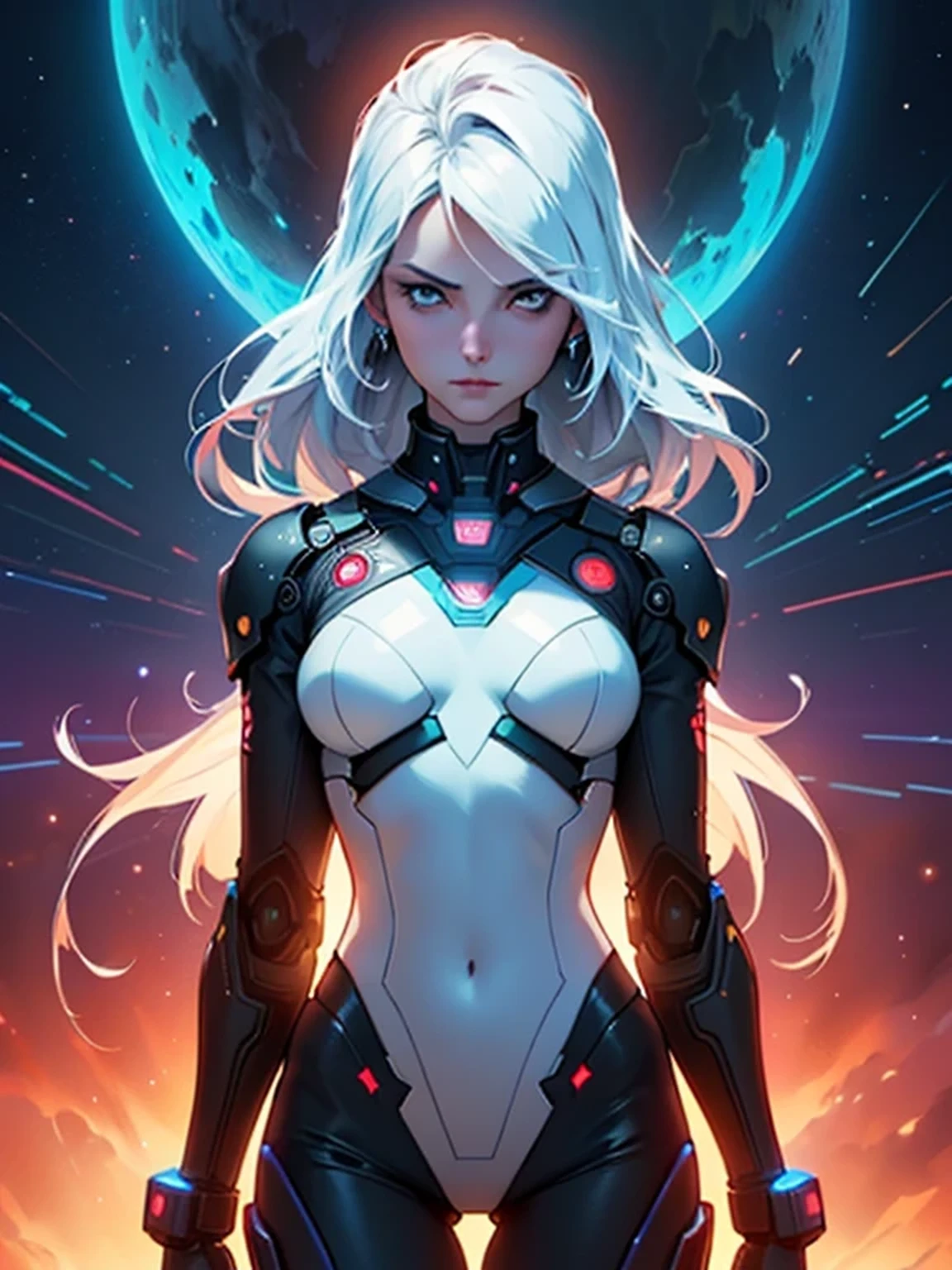 Woman with partially mechanical body, Sexaroid, Expressionless, face is incredibly beautiful, very beautiful face, used for sexual stimulation, Highly detailed CG, cinematic lighting, Goddess of Eros, Oblivion express, scene of a sunset with stars and planets, sunset on distant machine planet, cosmic skies, Psychedelic neon and light drawings, Future Steam, Retro Cyberpunk, ((masterpiece, best quality, high resolution)), Extremely finely detailed, Space Fantasy, 