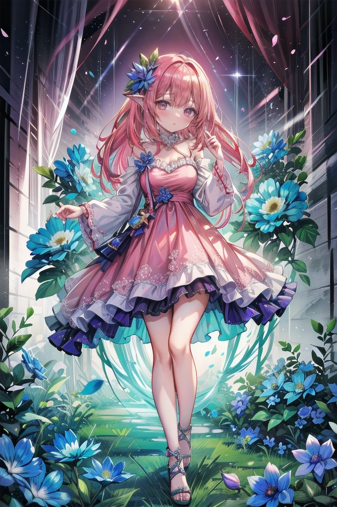 art：Cornflower,(masterpiece),(Highest quality:1.2),(Perfect Anatomy),(1 girl),Fairy,Beautiful and detailed pink eyes,Beautiful pink hair,(Pink Dress),(Highly detailed elegant),Classic Style,Rich colors,Vivid texture, Detailed skin,Add a dramatic and symbolic element to your scene, Written boundary depth, Silky to the touch,Dynamic Composite,Delicate texture,Standing in a field of green plants and flowers,Warm lighting,Brush strokes