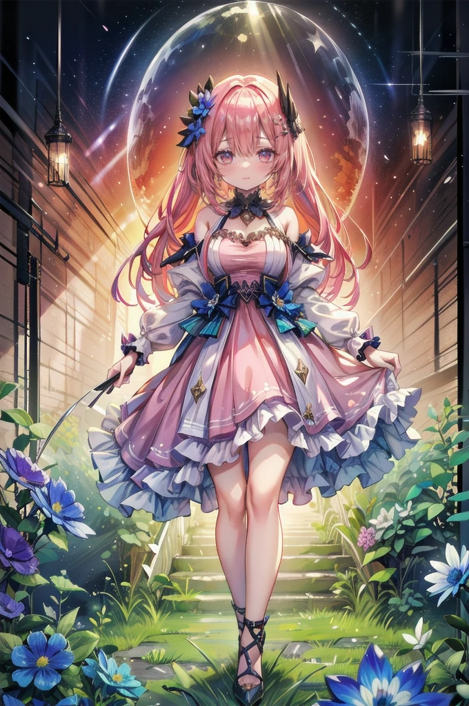 art：Cornflower,(masterpiece),(Highest quality:1.2),(Perfect Anatomy),(1 girl),Fairy,Beautiful and detailed pink eyes,Beautiful pink hair,(Pink Dress),(Highly detailed elegant),Classic Style,Rich colors,Vivid texture, Detailed skin,Add a dramatic and symbolic element to your scene, Written boundary depth, Silky to the touch,Dynamic Composite,Delicate texture,Standing in a field of green plants and flowers,Warm lighting,Brush strokes