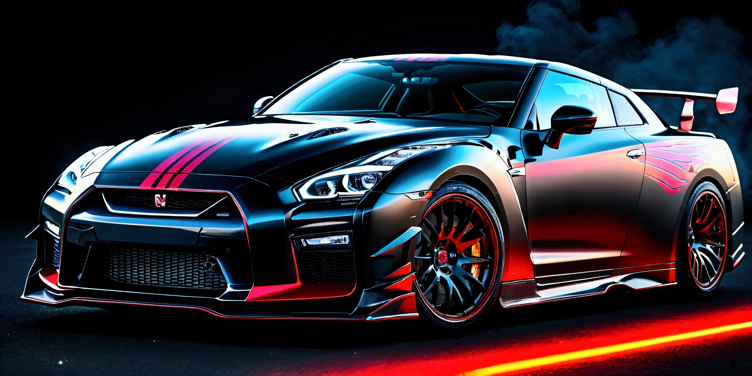 A photo realistic image of a Nissan GT-R Nismo 2023 
, sharp, detailed car body ,ethereal art, detailed tires, fire scene, (masterpiece, best quality, ultra-detailed, 8K), race car, street racing-inspired, Drifting inspired, LED, ((Twin headlights)), (((Bright neon color racing stripes))), (Black racing wheels), Wheel spin showing motion, Show car in motion, Burnout,  wide body kit, modified car,  racing livery, masterpiece, best quality, realistic, ultra high res, (((depth of field))), (full dual color neon lights:1.2), (hard dual color lighting:1.4), (detailed background), (masterpiece:1.2), (ultra detailed), (best quality), intricate, comprehensive cinematic, magical photography, (gradients), glossy, Fast action style, fire out of tail pipes, Sideways drifting in to a turns, Neon galaxy metalic paint with race stripes,