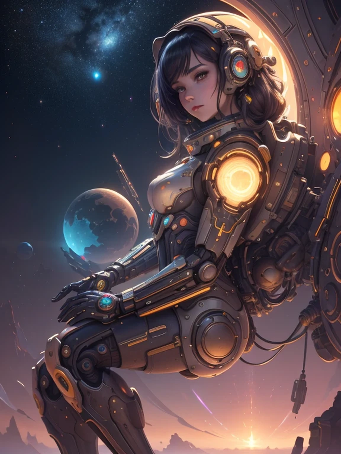 Woman with partially mechanical body, Sexaroid, Expressionless, face is incredibly beautiful, very beautiful face, used for sexual stimulation, Highly detailed CG, cinematic lighting, Goddess of Eros, Oblivion express, scene of a sunset with stars and planets, sunset on distant machine planet, cosmic skies, Psychedelic neon and light drawings, Future Steam, Retro Cyberpunk, ((masterpiece, best quality, high resolution)), Extremely finely detailed, Space Fantasy, 