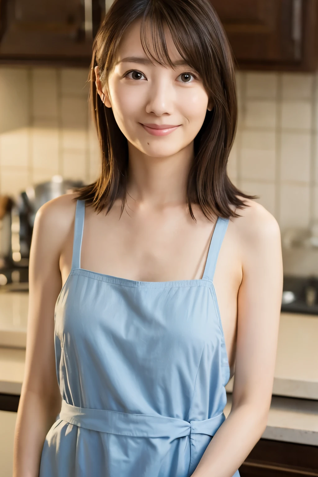 (masterpiece), high quality, high resolution, a skinny Japanese woman, 40 years old, {medium|small} breasts, very thin waist, correct body anatomy, naked but wearing only an apron, {short|long} hair, cute face, detailed face, detailed eyes, standing at the kitchen, photo from various angle