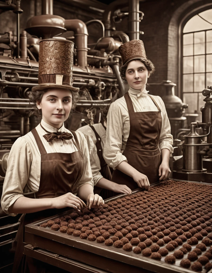 A highly detailed Victorian-style portrait of a chocolate factory, tom sepia, early 1900s style, photorrealistic, high resolution, 