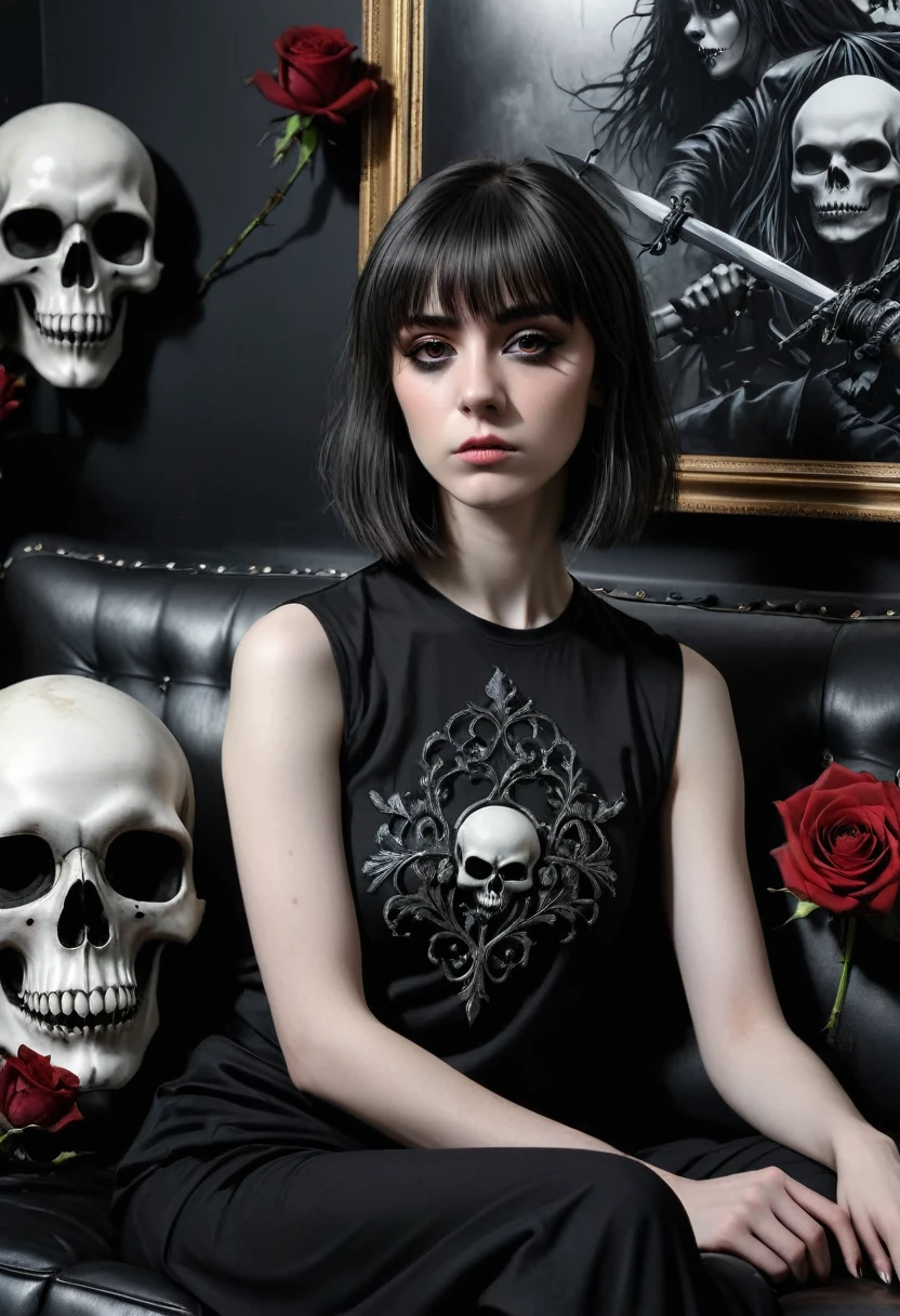 look close corner face camera , a woman sofia Steinberg face, short hair with bangs pale white skinned wearing shirts blackmetal pose sit in sofa room blackmetal, look above camera , in room blackmetal style steinberg model blackmetal , sad depression funiture skulls swords flowers black Roses poster sticker band mortuary blackmetal background, digital painting, highly detailed, 3D animation,best quality,4k,8k,highres,masterpiece:1.2),ultra-detailed,(realistic,photorealistic,photo-realistic:1.37),gothic art,,thorny rose,creepy,terrifying,,holding a black big cat