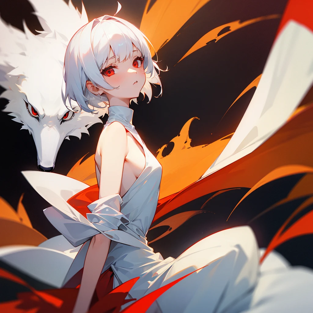 a girl with short white hair wolf cut shoulder-length, red eyes, wearing a thin white dress wrapped around her body by sunflower