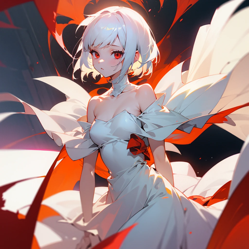 a girl with short white hair wolf cut shoulder-length, red eyes, wearing a thin white dress wrapped around her body by sunflower