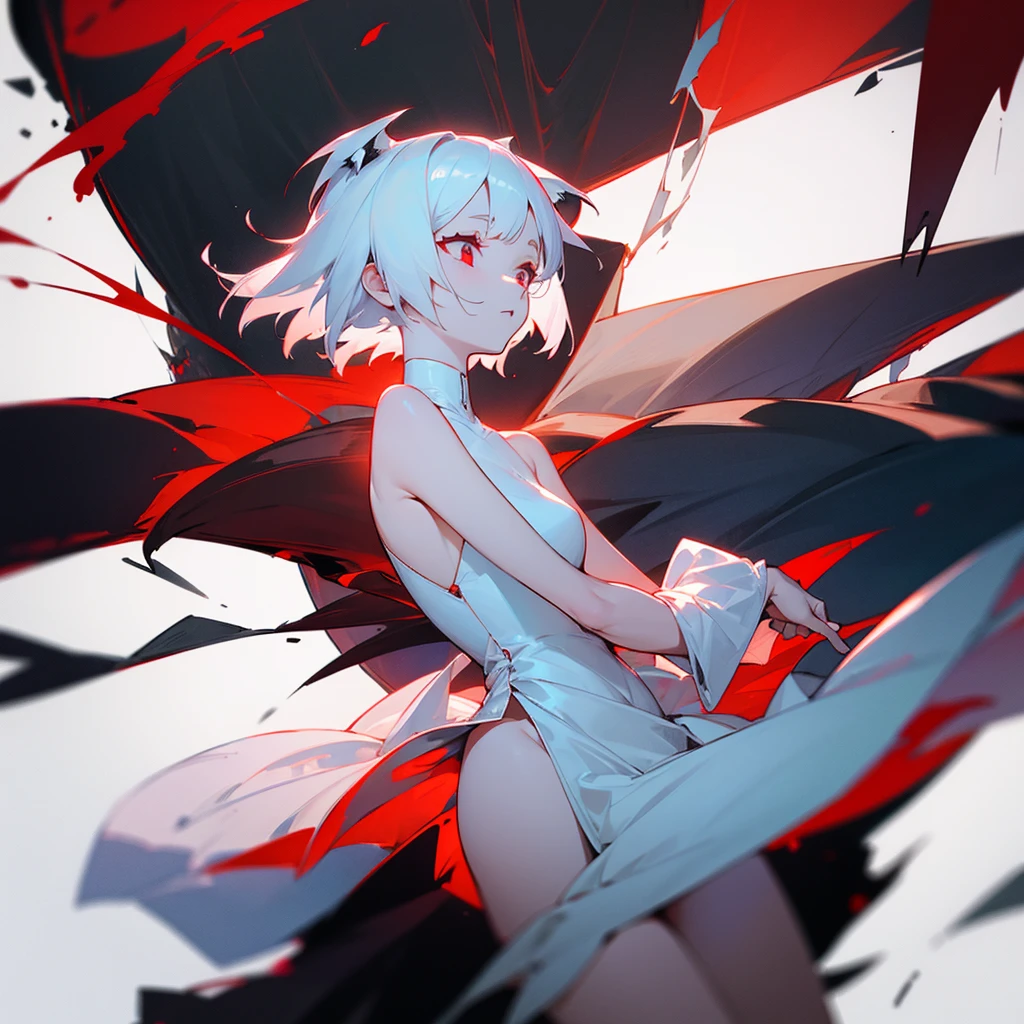 a girl with short white hair wolf cut shoulder-length, red eyes, wearing a thin white dress wrapped around her body by sunflower