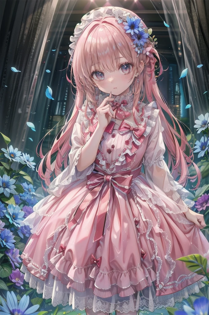 art：Cornflower,(masterpiece),(Highest quality:1.2),(Perfect Anatomy),(1 girl),Fairy,Beautiful and detailed pink eyes,Beautiful pink hair,(Pink Dress),(Highly detailed elegant),Classic Style,Rich colors,Vivid texture, Detailed skin,Add a dramatic and symbolic element to your scene, Written boundary depth, Silky to the touch,Dynamic Composite,Delicate texture,Standing in a field of green plants and flowers,Warm lighting,Brush strokes