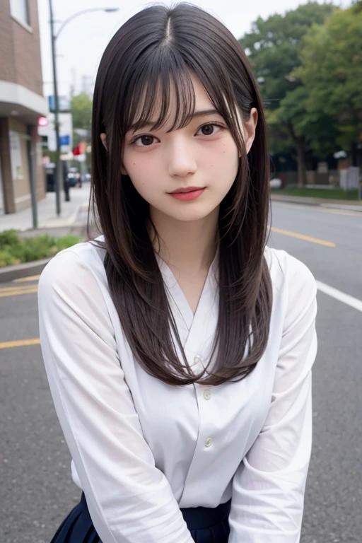 Cute 15 year old Japanese、on the road、Highly detailed face、Pay attention to the details、double eyelid、Beautiful thin nose、Sharp focus:1.2、Beautiful woman:1.4、Cute Hairstyles、Pure white skin、Highest quality、masterpiece、Ultra-high resolution、(Realistic:1.4)、Highly detailed and professional lighting、nice smile、Japanese school girl uniform