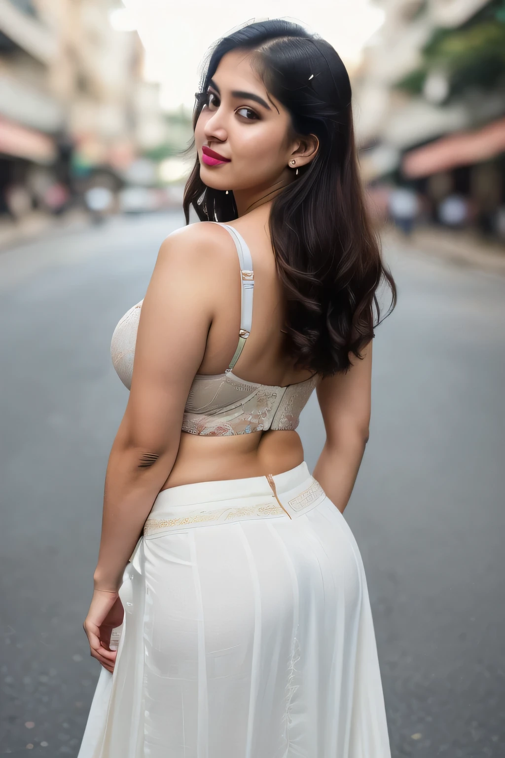 hair,free hair,short hair, masterpiece), (best quality:1.7), (finely detailed eyes and detailed face), (detail:1.3, best quality, (ultra-detailed), (an extremely delicate and beautiful),cinematic light,dynamic angle,floating, (best quality:1.3),((disheveled Indian teen girl, 30 year Tamil girl, (wearing full back coverage Bra , long skirt),street background, Bokeh, , very big round breast ,1.8, (((big tits1.8))),((Huge Down breasts 1.6)),(((Plump Down body 1.8))), (((Big 1.8))),BBW(((Chubby 1.8))),((((Fat body 1.8)))),,(BIG ASS) side pose looking at viewer, hair bun, beautiful round face, attractive face, instagram photo, closeup face photo of 23 y.o Chloe in kebaya, Lipstick, sensual Lipstick, Sensational Make Up, huge Down cleavage, huge down breasts pale skin, (smile:0.4), hard shadows, G-STRING, bright lighting 8K