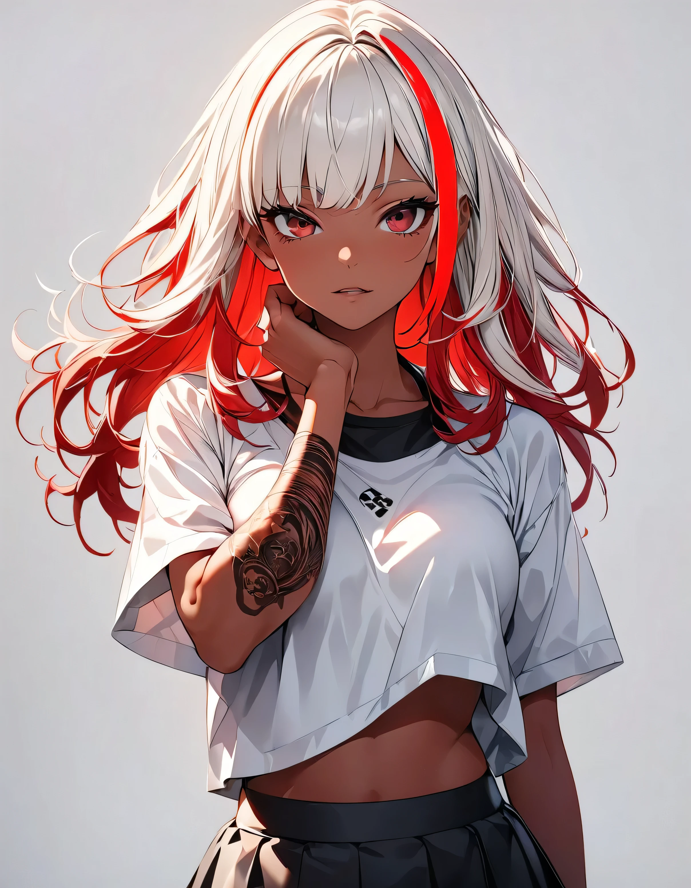 (highest quality:1.2, Very detailed, up to date, Vibrant, Ultra-high resolution, High Contrast, masterpiece:1.2, highest quality, Best aesthetics), Portraiture、girl, (solo), singer、Rock Music、medium wave hair、(red hair and white hair:1.3), ((streaked hair:1.6)), highlights hair: 1.5, red eyes, slim body, medium breast, (tan skin:1.1), shaded face, Bright colors、Beautiful fine details、Beautiful lip detail、Edgy Style、(black Skirt-style-bikini:1.3)、loose fit, standing, hand on chin, (from front:1)、vocal, (Floral Fineline tattoo design on left arm:1), (cowboy-shot:1), (No background:1.5), ((Plain white background:1.6)),