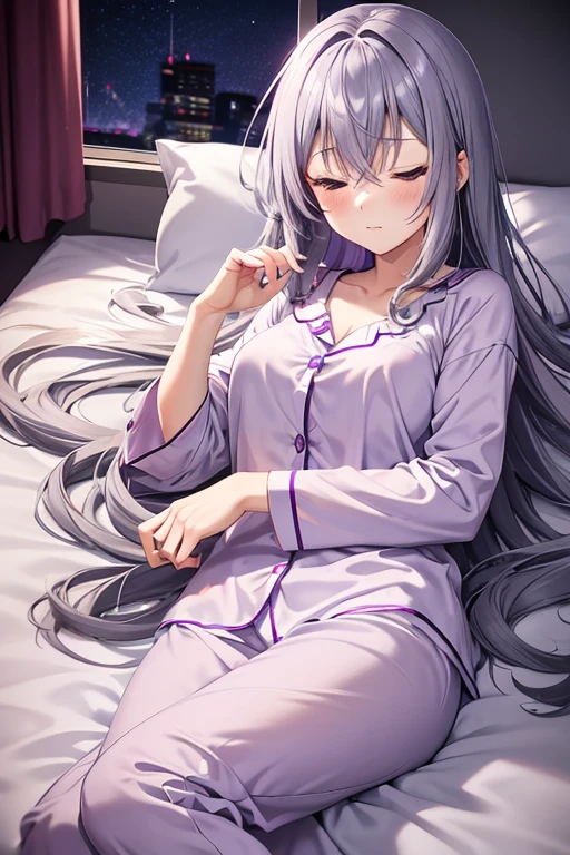 Adult Anime Girl 2d Long Hair Loose light Purple-Grayish, Age Adulthood adult, cute pijama, long pijama, closes eyes, rest in bed, sleeping, eyes closed, night, dark, moon, night, light down, lights off, lying in bed