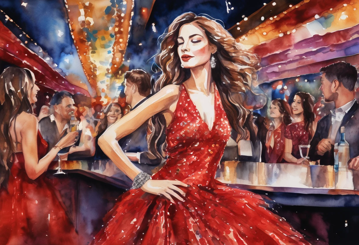 A captivating watercolor painting of a young, beautiful woman, embodying the essence of an attractive performer in a modern-day bar. She wears a dazzling red dress, adorned with shimmering sequins and intricate patterns. Her long, wavy hair flows around her shoulders, and her eyes sparkle with confidence. The vibrant colors of the painting bring the stage lights to life as she gracefully sings and dances, stealing the attention of everyone in the room.