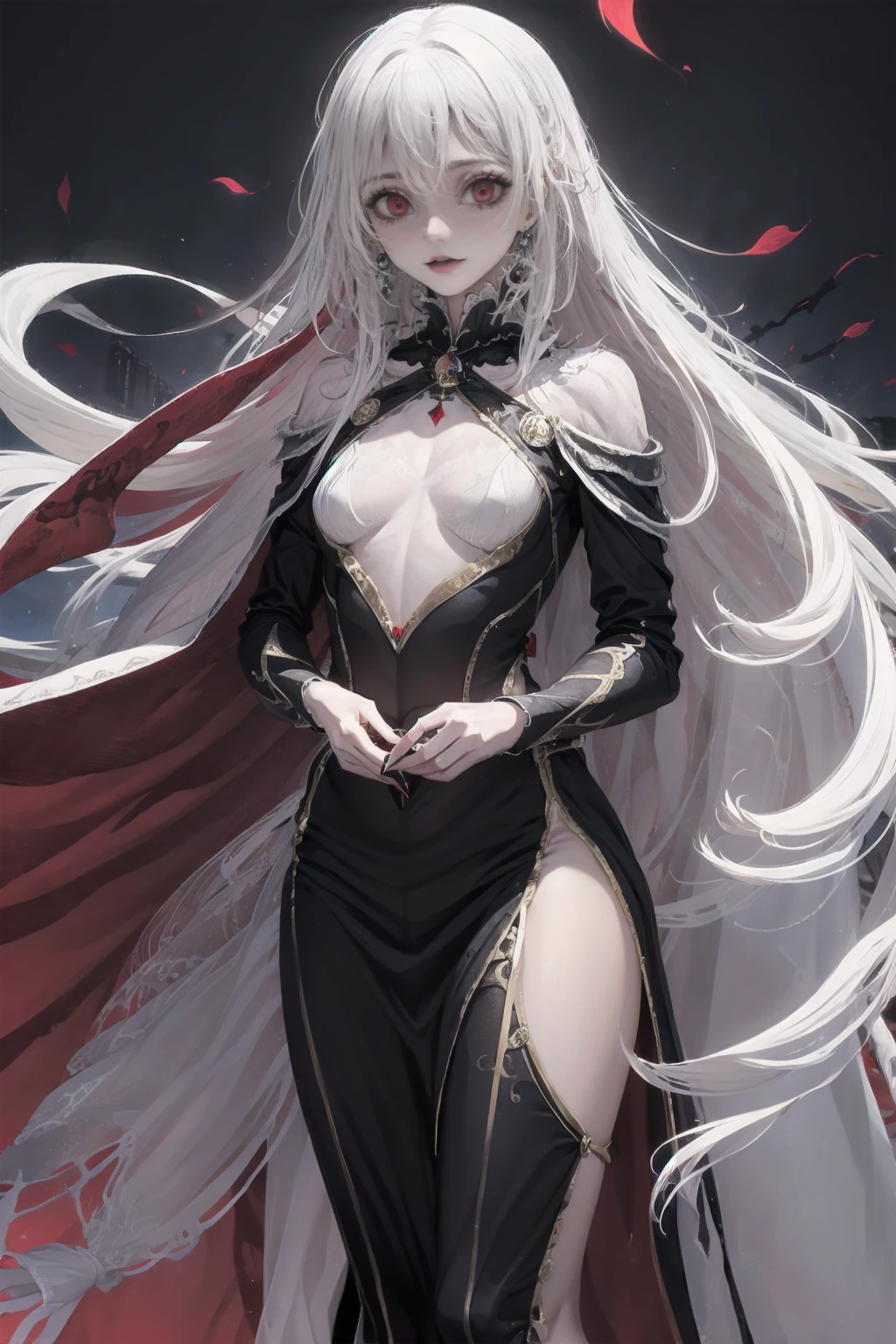 alone, woman, Pause, The empty, red glow of the void, Long, messy white hair, Very white skin:1.3, Flat Chest, slim, boredom, Tattered royal gown, Black Aura:.4, rich, magic, Cape to wear on shoulders, Partially skeletonized, Goldsmith&#39;s Black Nails, Book, Dungeons, dark, close, holding ancient Book