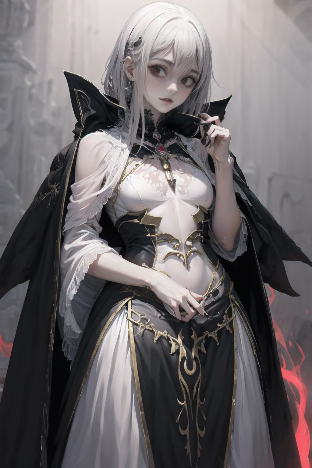 alone, woman, Pause, The empty, red glow of the void, Long, messy white hair, Very white skin:1.3, Flat Chest, slim, boredom, Tattered royal gown, Black Aura:.4, rich, magic, Cape to wear on shoulders, Partially skeletonized, Goldsmith&#39;s Black Nails, Book, Dungeons, dark, close, holding ancient Book