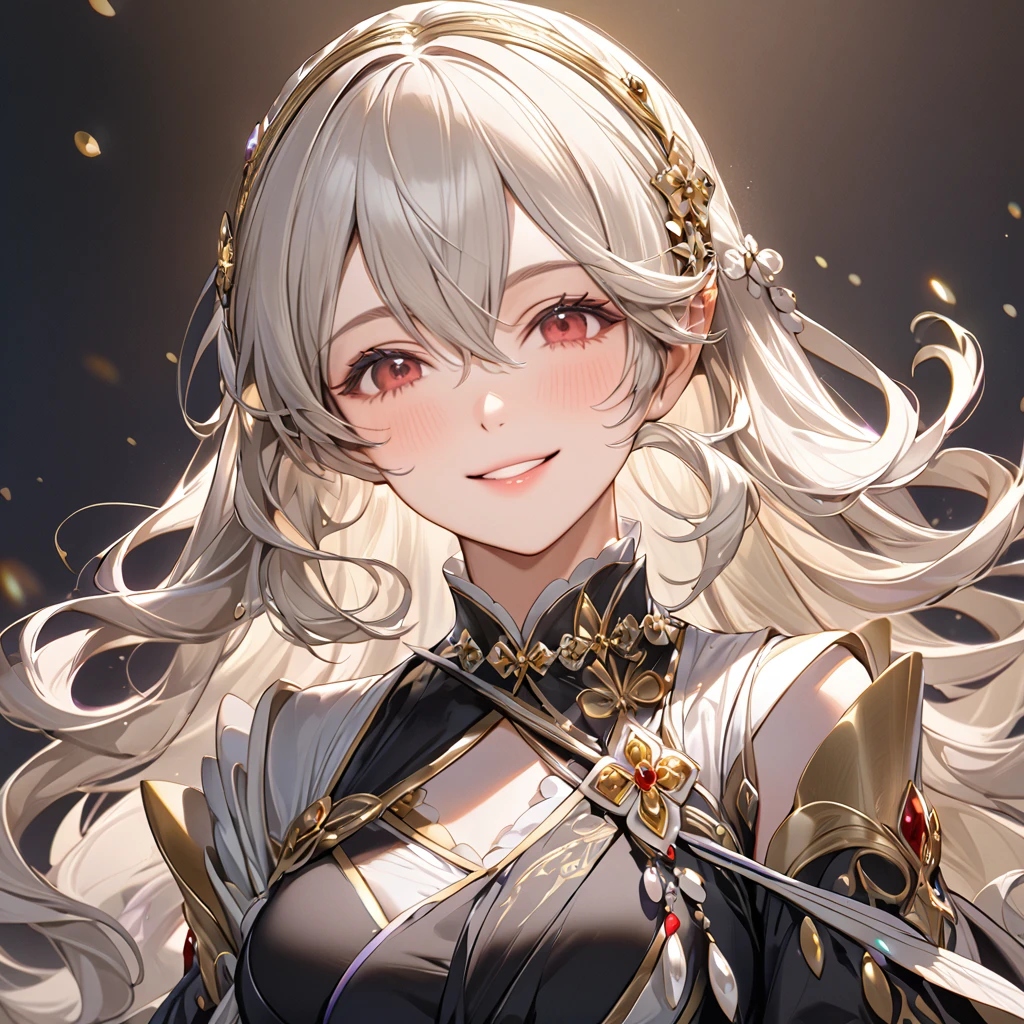 ((Highest quality)), ((masterpiece)), (detailed), （Perfect Face）、The woman is a Kamui, a beautiful princess of the dark with medium-long silver hair and a gorgeous black dress embroidered with gold trim, lavishly jeweled and beautifully dressed.、The woman is smiling gently