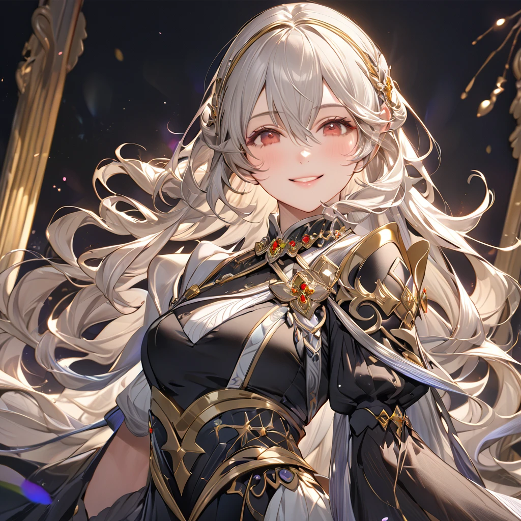 ((Highest quality)), ((masterpiece)), (detailed), (Perfect Face)、The woman is a Kamui, a beautiful princess of the dark with medium-long silver hair and a gorgeous black dress embroidered with gold trim, lavishly jeweled and beautifully dressed.、The woman is smiling gently