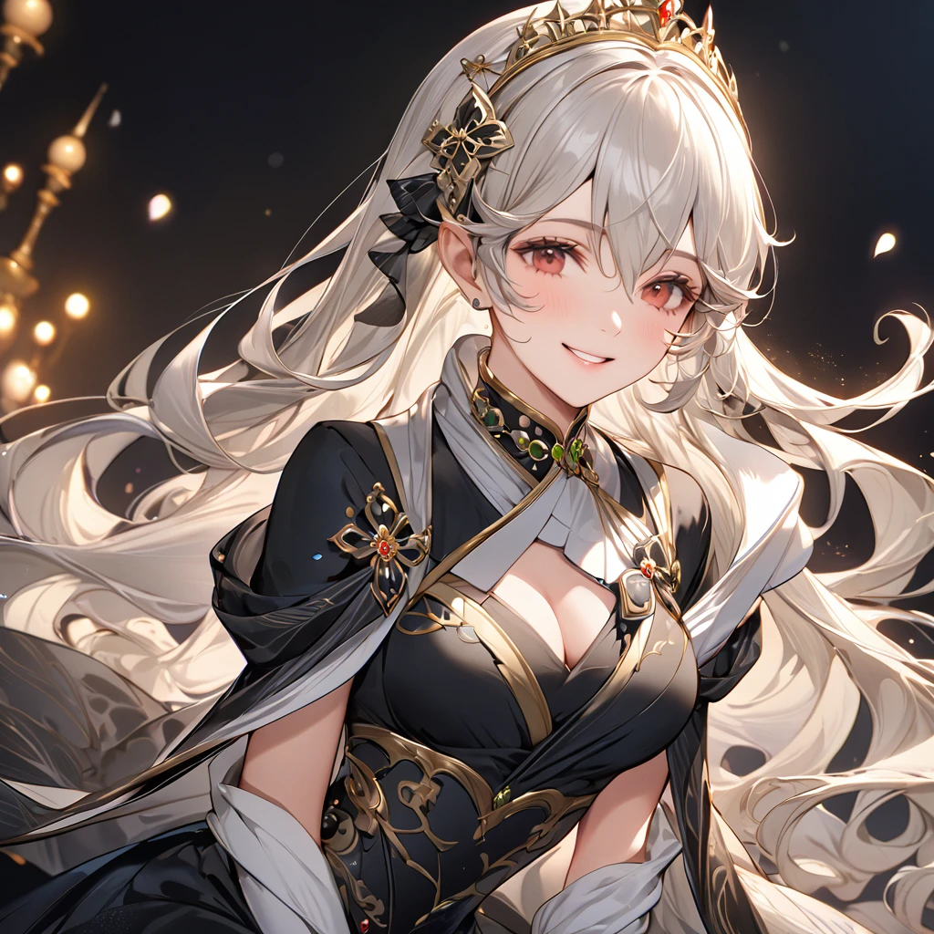 ((Highest quality)), ((masterpiece)), (detailed), (Perfect Face)、The woman is a Kamui, a beautiful princess of the dark with medium-long silver hair and a gorgeous black dress embroidered with gold trim, lavishly jeweled and beautifully dressed.、The woman is smiling gently