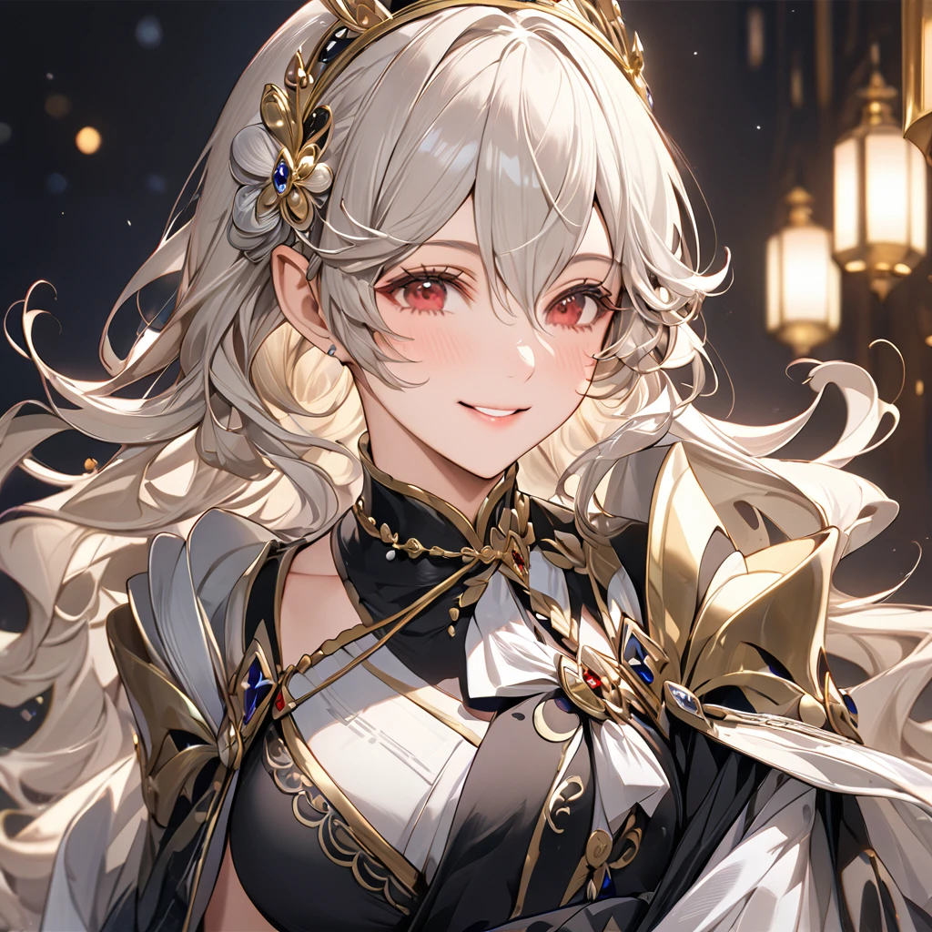 ((Highest quality)), ((masterpiece)), (detailed), （Perfect Face）、The woman is a Kamui, a beautiful princess of the dark with medium-long silver hair and a gorgeous black dress embroidered with gold trim, lavishly jeweled and beautifully dressed.、The woman is smiling gently