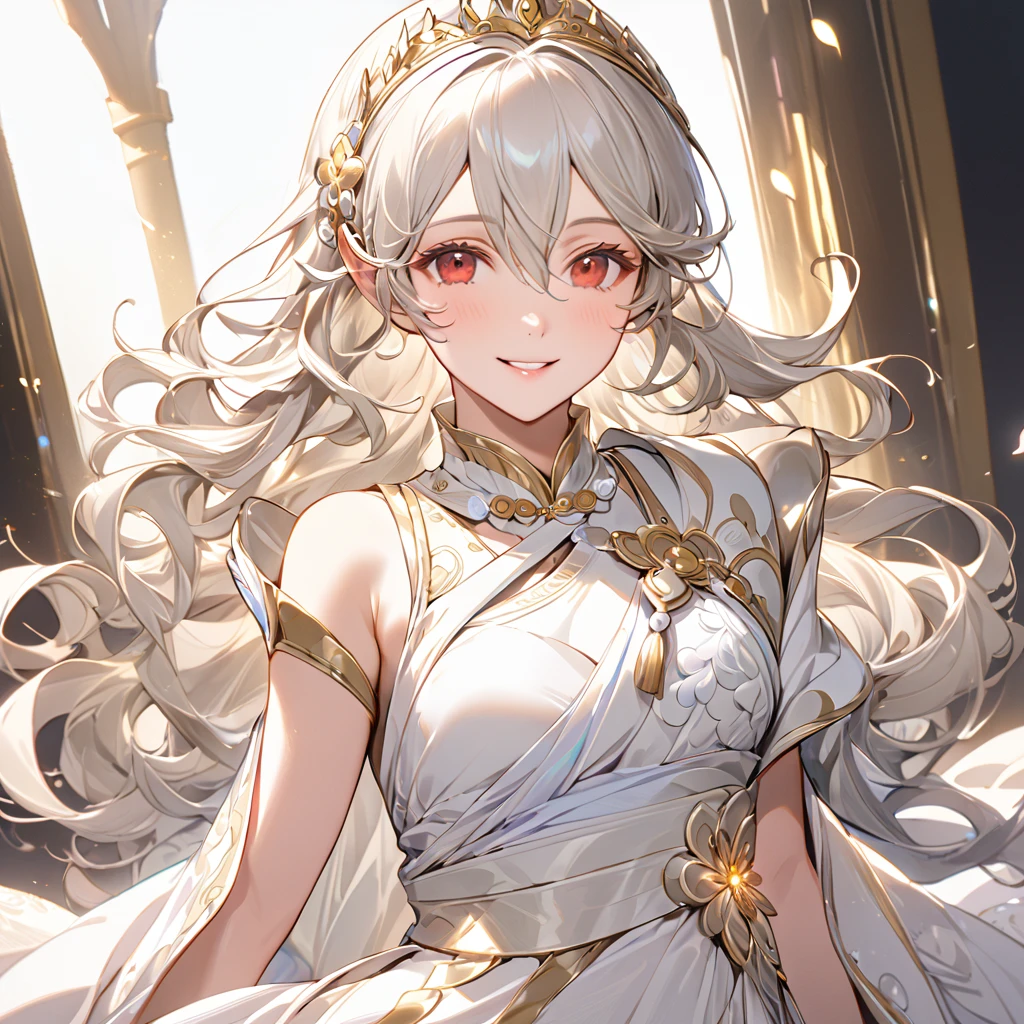 ((Highest quality)), ((masterpiece)), (detailed), （Perfect Face）、The woman is a Kamuy, a beautiful princess of light with medium-long silver hair, wearing a beautiful white dress with luxurious gold embroidery and trim, and is lavishly adorned with jewelry.、The woman is smiling gently