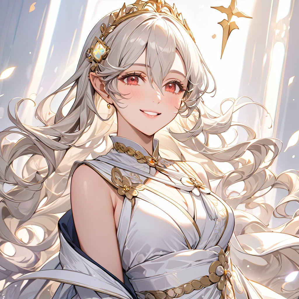 ((Highest quality)), ((masterpiece)), (detailed), (Perfect Face)、The woman is a Kamuy, a beautiful princess of light with medium-long silver hair, wearing a beautiful white dress with luxurious gold embroidery and trim, and is lavishly adorned with jewelry.、The woman is smiling gently