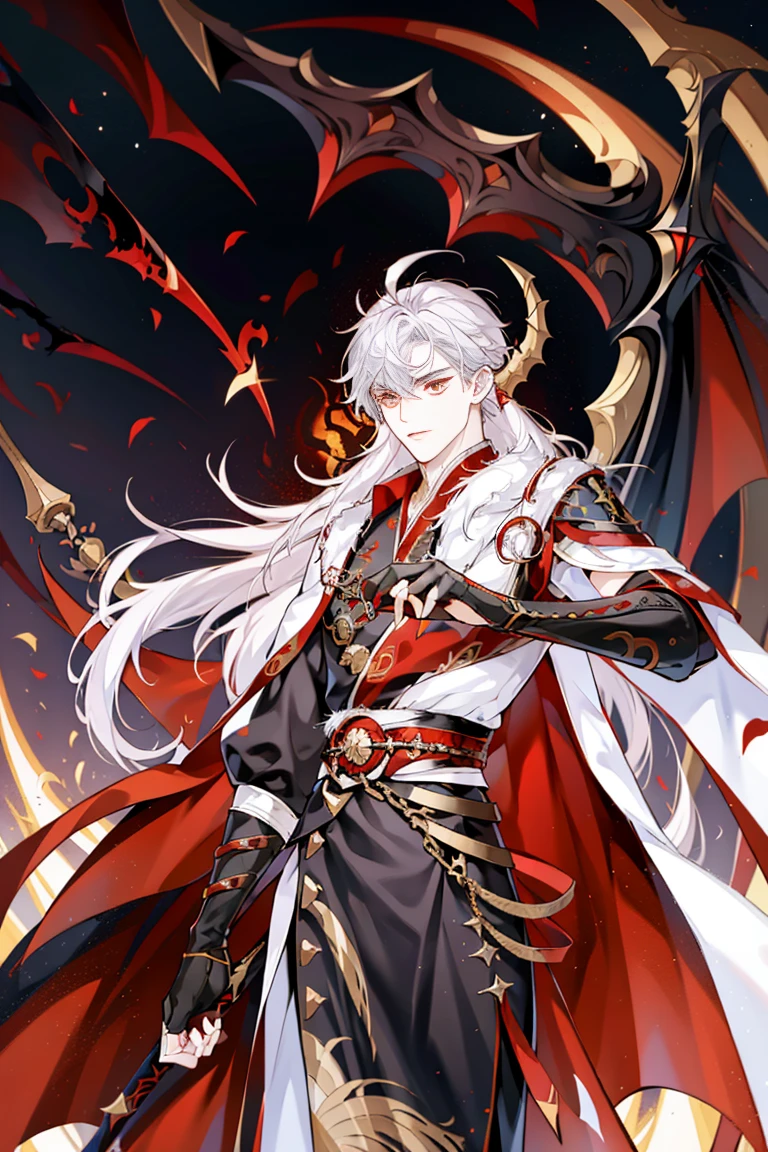 Dragon man, wearing a black Hanfu with red dragon details and a gold trim on the outer garment highlighting the aura of a leader, long sword, golden dragon eyes, long white hair, a half-dragon human with golden horns, night, starry sky, illuminated by red moonlight, Asian architecture, best quality, 16k, masterpiece, manhua character.