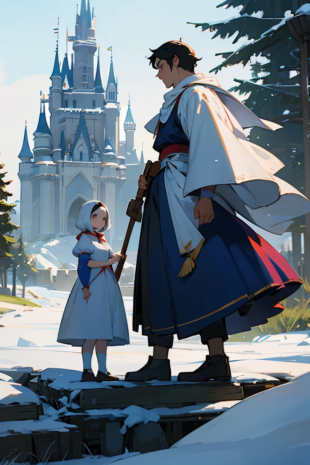 snow White, his father and his mother in front of a castle