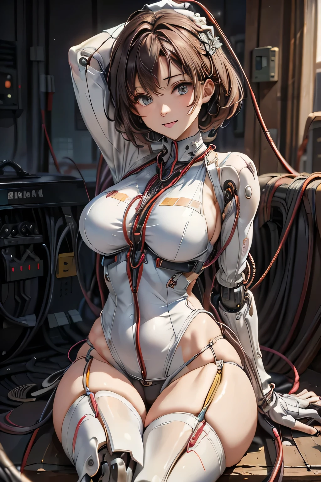 (((masterpiece))), (((Highest quality))), ((Very detailedな)), (Detailed CG illustrations), ((Very delicate and beautiful)),Cinematic Light,((One Mechanical Woman)), alone,mature,(Big and ample breasts),(Plump), (((The crotch is open))),((Thighs)),((Sitting)),whole body, (Machine made joints:1.4),((Mechanically cut muscle blood vessels connected to tubes),((Mechanical cervical spine attached to the neck)),(Wires and cables connected to the head and torso:1.5),short hair,(Character Focus),sf, ,((Very detailed,colorful)),Best details, ((background: basement))