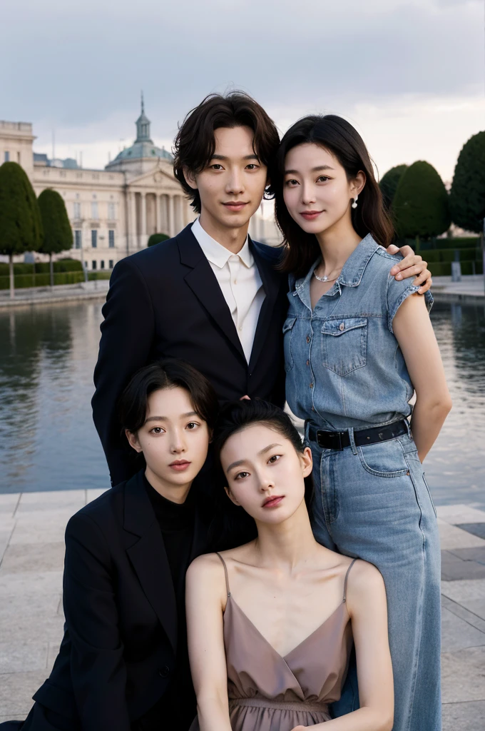 Des amis korean pose pour une photo, un air agréable, il on l'air responsable les uns des autres. Ils sont charismatiques, très bien détaillés, beaux visages, beaux yeux. À côté d'un lycée coréen. Style kdrama. Suspens. Ils ont tous 18 years. Lumières sombres. Bad guys. Lycéen, liberté, couché de soleil.