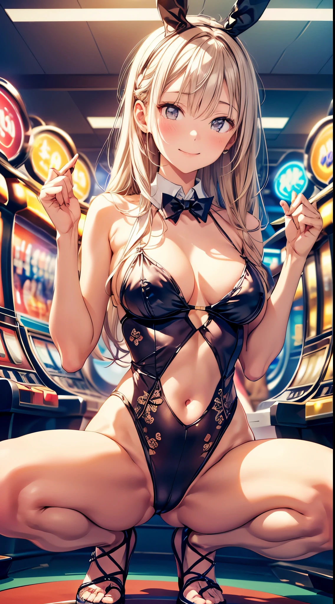 indoor,Are crying、Painful face、B1, Hair Bun,, sadistic Arms behind head:1.4, belly button, Long Hair:1.4, pantyhose,good,Large Breasts,latex, Raglan sleeves, Pink ribbon, Pink Eyes, Wavy Hair,(Highest quality), Realistic, (live-action, Intricate details), ((Japanese female college student squatting at the casino, Place your arms between your legs)), ((Playboy Bunny, Bunny ears, black Bunny ears, fake Bunny ears, pantyhose, black pantyhose, bow tie, Wrist cuff, Black leotard)), ((:1.4)), (blonde Long Hair:1.3, Short bangs), (neat face, Lips parted), Whiter skin, hard lighting:1.3, Roulette table, Slot Machines, Full Body Shot,From below,sadistic ,Fishnet stockings,bright Pink Eyes,Glowing Eyes,Open your mouth、Sticking out tongue、In agony、I'm in pain、Drooling、Painful face、Leaking pee、