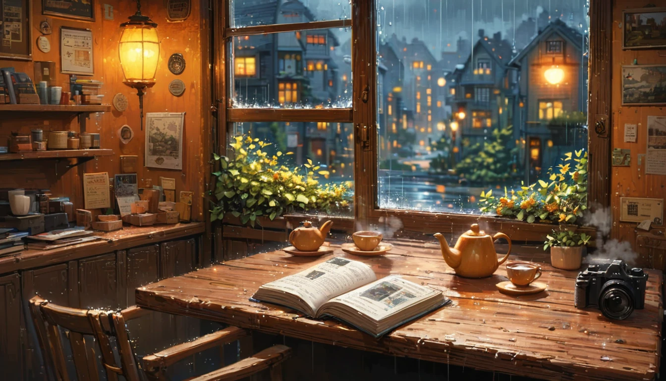 ((anime:1.4,illustration)),(masterpiece, top quality, best quality),(ultra-detailed, absolutely resolution),((16k, high res)), (((cozy cafe interior, rainy day, comfortable chair, book, soft, a large window with raindrops, a steaming cup of tea or coffee on a table, and warm ambient lighting for a serene atmosphere))), ((cozy lofi illustration:1.4)), ((anime:1.4, illustration)),(masterpiece, top quality, best quality),(ultra-detailed, absolutely resolution),((16k, high res)) BREAK {lofi art, style of Laurie Greasley, style of Makoto Shinkai, anime aesthetic}, BREAK { (produces images with information than 40 million pixels with cinematic-like detailed textures shot on a Sony SLR).}