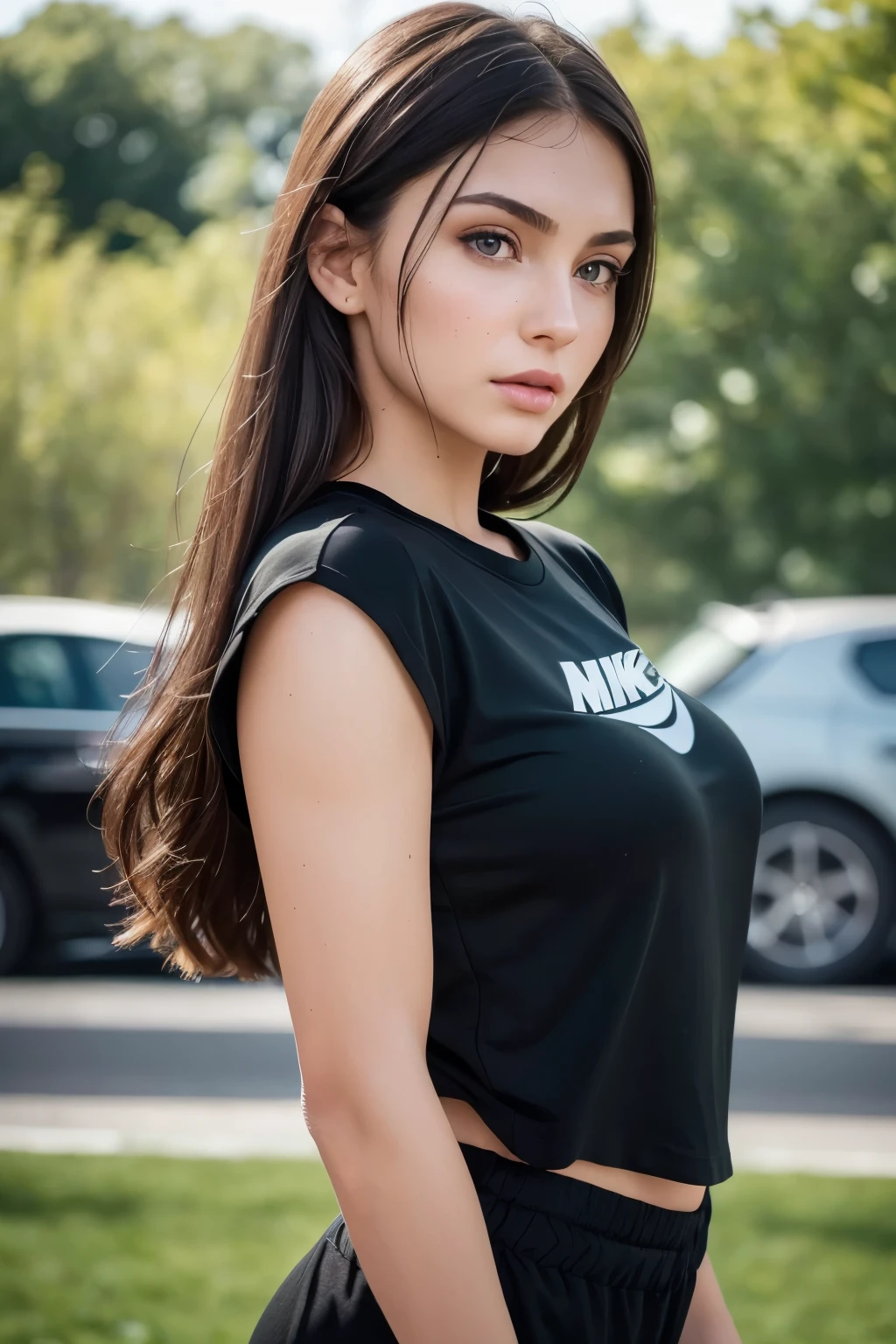 beautiful girl, beautiful face, young woman, brunette, green eyes, black t-shirt, comfortable nike sweatpants, detailed facial features, exceptional framing, frontal view, (best quality,4k,8k,highres,masterpiece:1.2),ultra-detailed,(realistic,photorealistic,photo-realistic:1.37),portraits,vivid colors