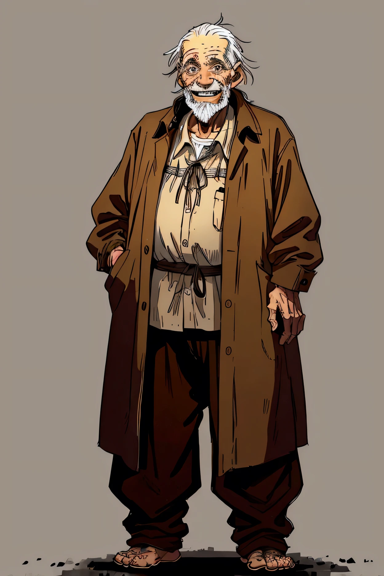 old homeless guy, smiling, no teeth, old clothes, standing pose, whole body in image scale