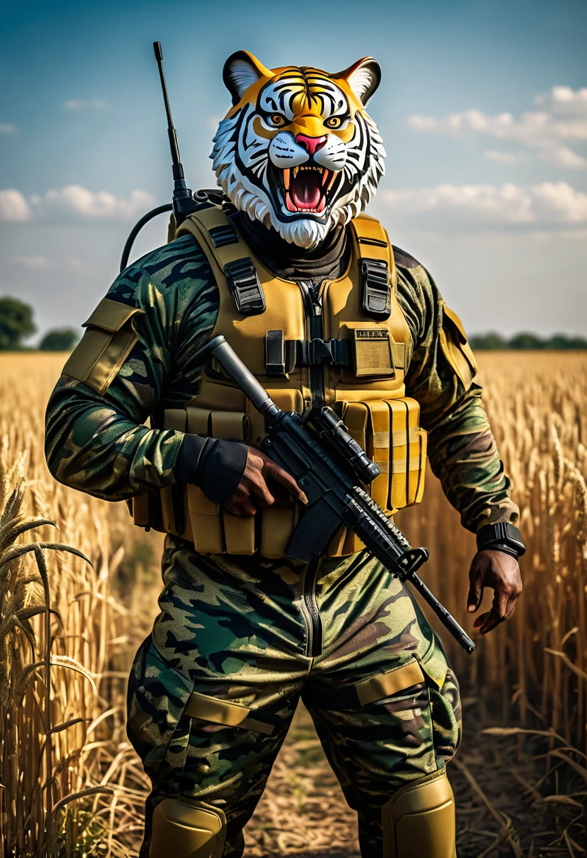 (a dark-skinned bearded fat muscular old man in a bulky army camouflage zipper diver suit) carrying a gun, (wearing a small-sized realistic roaring tiger mask), dynamic action pose, fierce expression, showcasing an imposing stature, surrounded by military elements, dramatic shadows and intense highlights, cinematic color tones, high detail, powerful, art influenced by Bruce Onobrakpeya and Stanley Artgerm, ultra-detailed, best quality image, action-packed atmosphere, patrolling in a field.