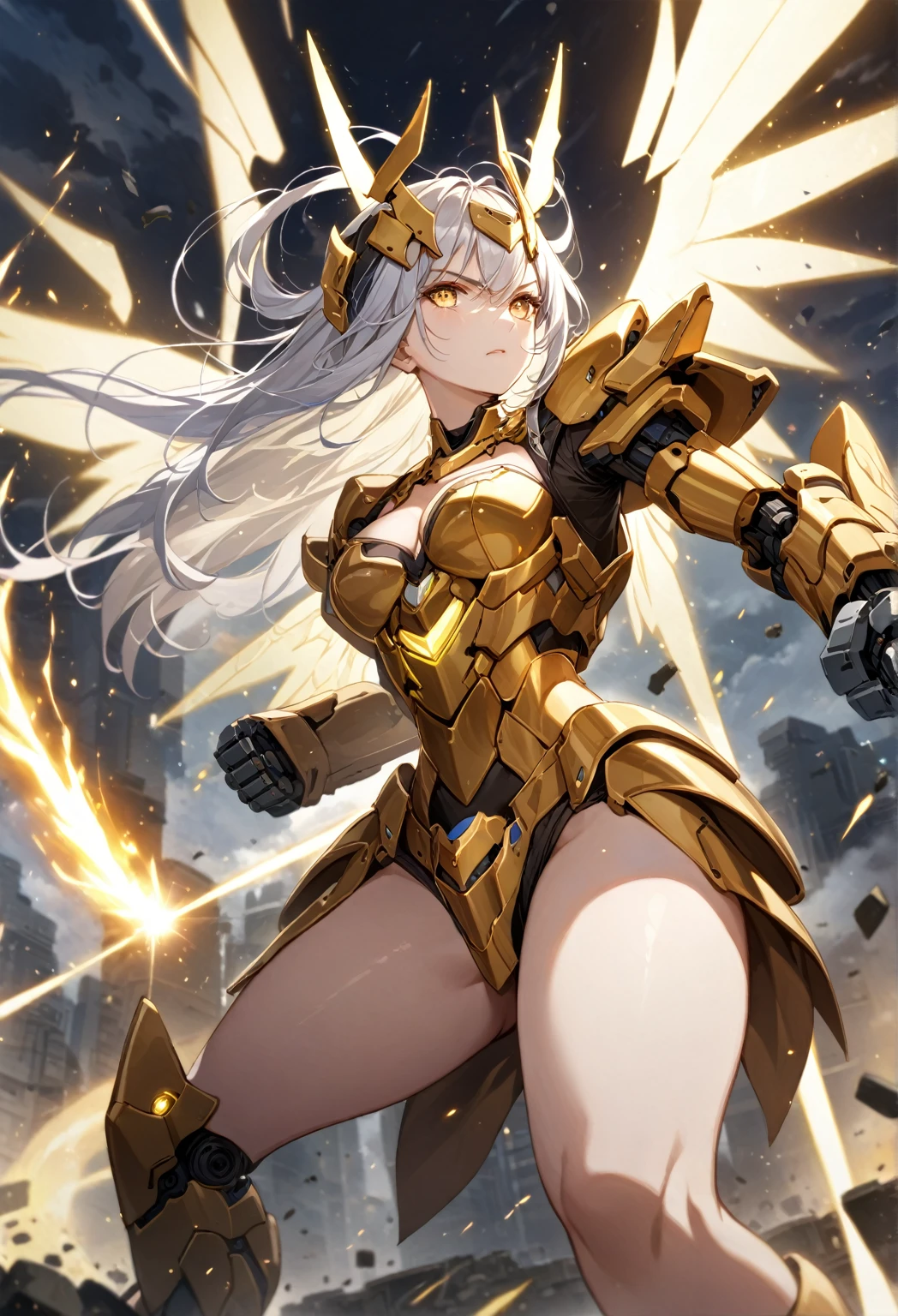 score_9_up, score_8_up, score_7_up, source_anime,masterpiece, best quality, high resolution, extremely detailed CG, absurdres, highres, 1girl, solo, a mecha girl in golden armor with glowing mecha_wings fights at battlefield, ((body surrounded by yellow Battle Aura and lighting)), wings of light, long hair, white_hair, glaring, cleavage, thighs, off-shoulder, (((Shining Armor, glittering Armor))),((mecha wings)), headgear, flying, blue sky, full body, from below, Futuristic, ((aura,Battle Aura, lighting),good_hands