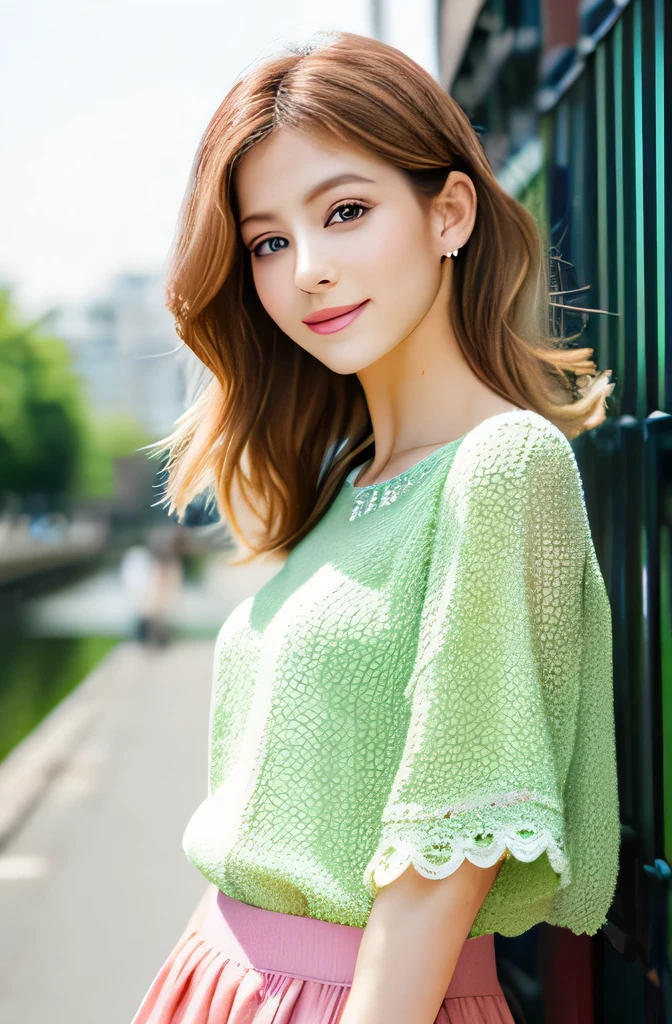Beautiful woman with beautiful eyes and nose、Beautiful as a model、Cute like a model、Double Eyes、Use mascara regularly、Eye color: green、hair color: pink、Her face is delicate and elegant.、8k images、Actual photo、Beautiful style like a model、Normal Large 、A fresh and lovely smile、Yellow blouse、Plain orange mini skirt、Pose like a model、Full Portrait、snap shot、Chanel Bags、Canal City Hakata on a sunny day、Summer clothes、