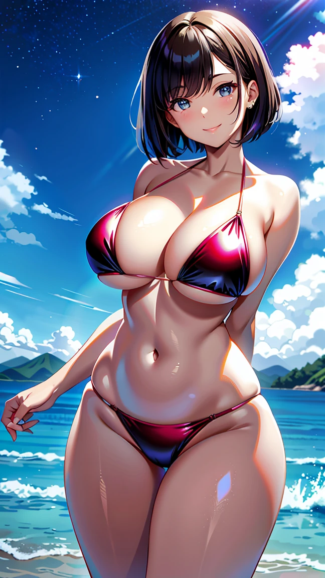 Standing in a shiny bikini、Great smile、 Mature Woman 、Japanese、Huge breasts、short hair、(Glowing Skin:1.4)、Put your arms behind your back, Inner thighs, Ezvian everywhere、