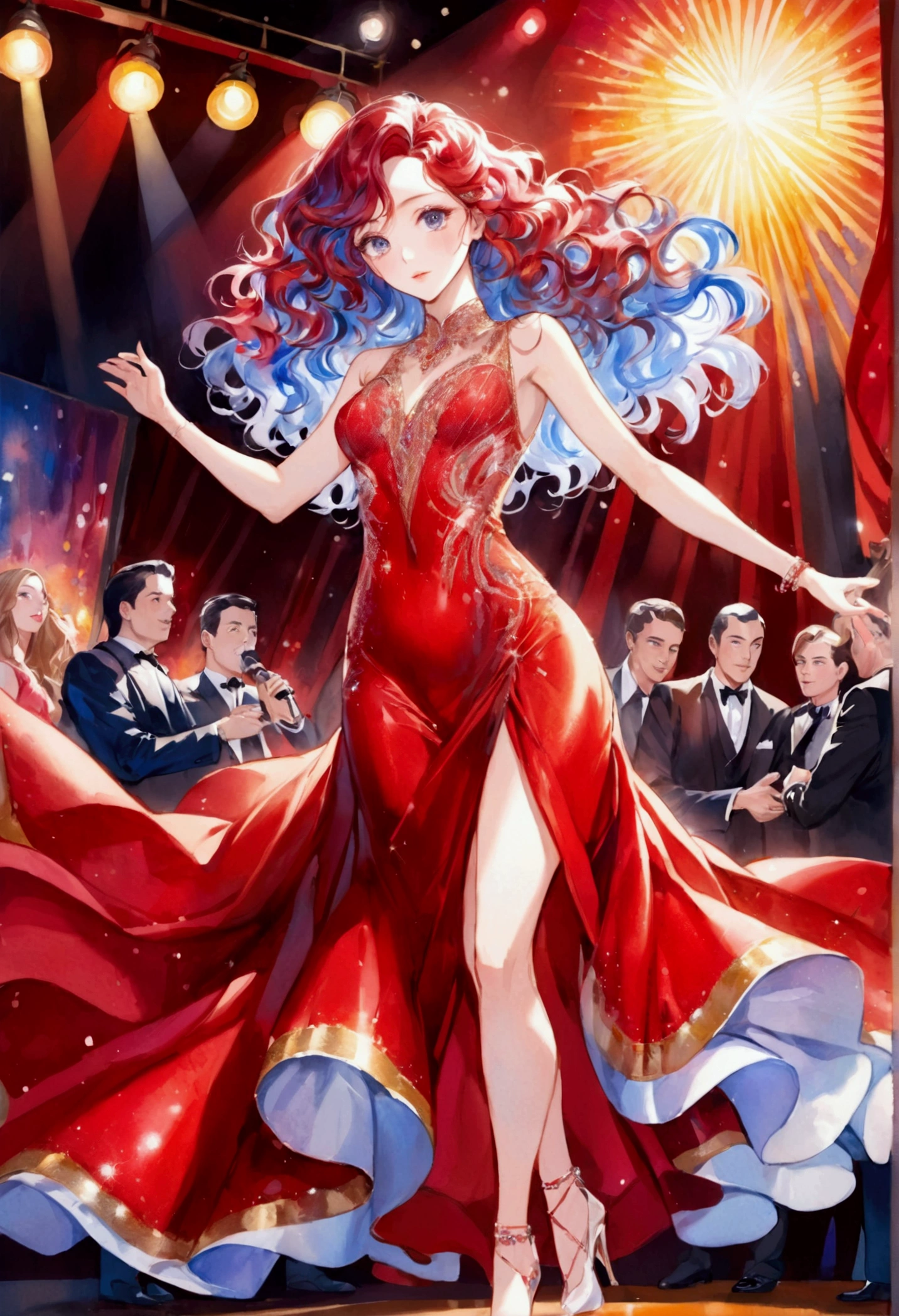 A captivating watercolor painting of a young, beautiful woman, embodying the essence of an attractive performer in a modern-day bar. She wears a dazzling red dress, adorned with shimmering sequins and intricate patterns. Her long, wavy hair flows around her shoulders, and her eyes sparkle with confidence. The vibrant colors of the painting bring the stage lights to life as she gracefully sings and dances, stealing the attention of everyone in the room.
