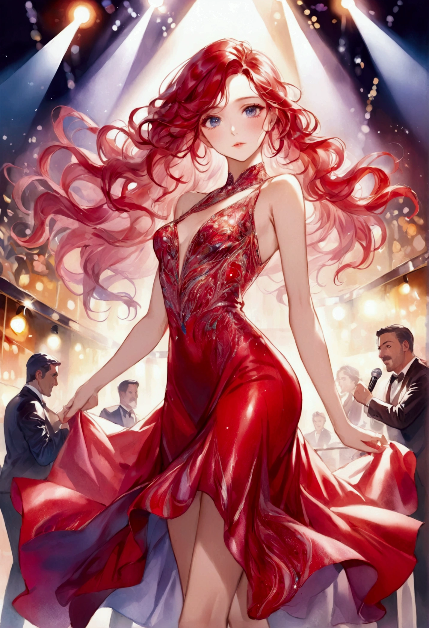 A captivating watercolor painting of a young, beautiful woman, embodying the essence of an attractive performer in a modern-day bar. She wears a dazzling red dress, adorned with shimmering sequins and intricate patterns. Her long, wavy hair flows around her shoulders, and her eyes sparkle with confidence. The vibrant colors of the painting bring the stage lights to life as she gracefully sings and dances, stealing the attention of everyone in the room.