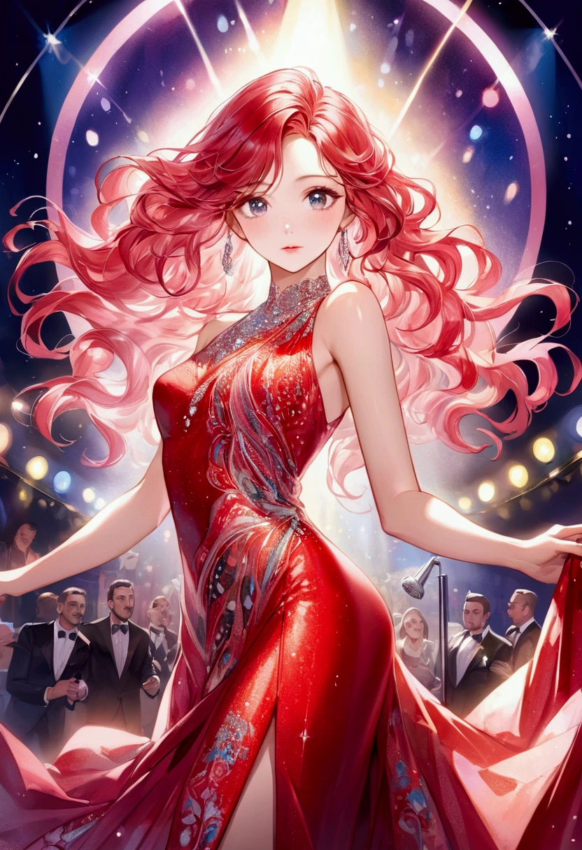 A captivating watercolor painting of a young, beautiful woman, embodying the essence of an attractive performer in a modern-day bar. She wears a dazzling red dress, adorned with shimmering sequins and intricate patterns. Her long, wavy hair flows around her shoulders, and her eyes sparkle with confidence. The vibrant colors of the painting bring the stage lights to life as she gracefully sings and dances, stealing the attention of everyone in the room.